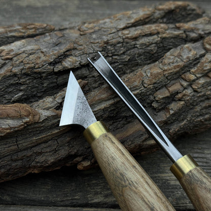 3-piece wood carving tool set with leather strop including chip carving knife and V-parting chisel