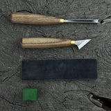 3-piece wood carving tool set with leather strop including chip carving knife and V-parting chisel