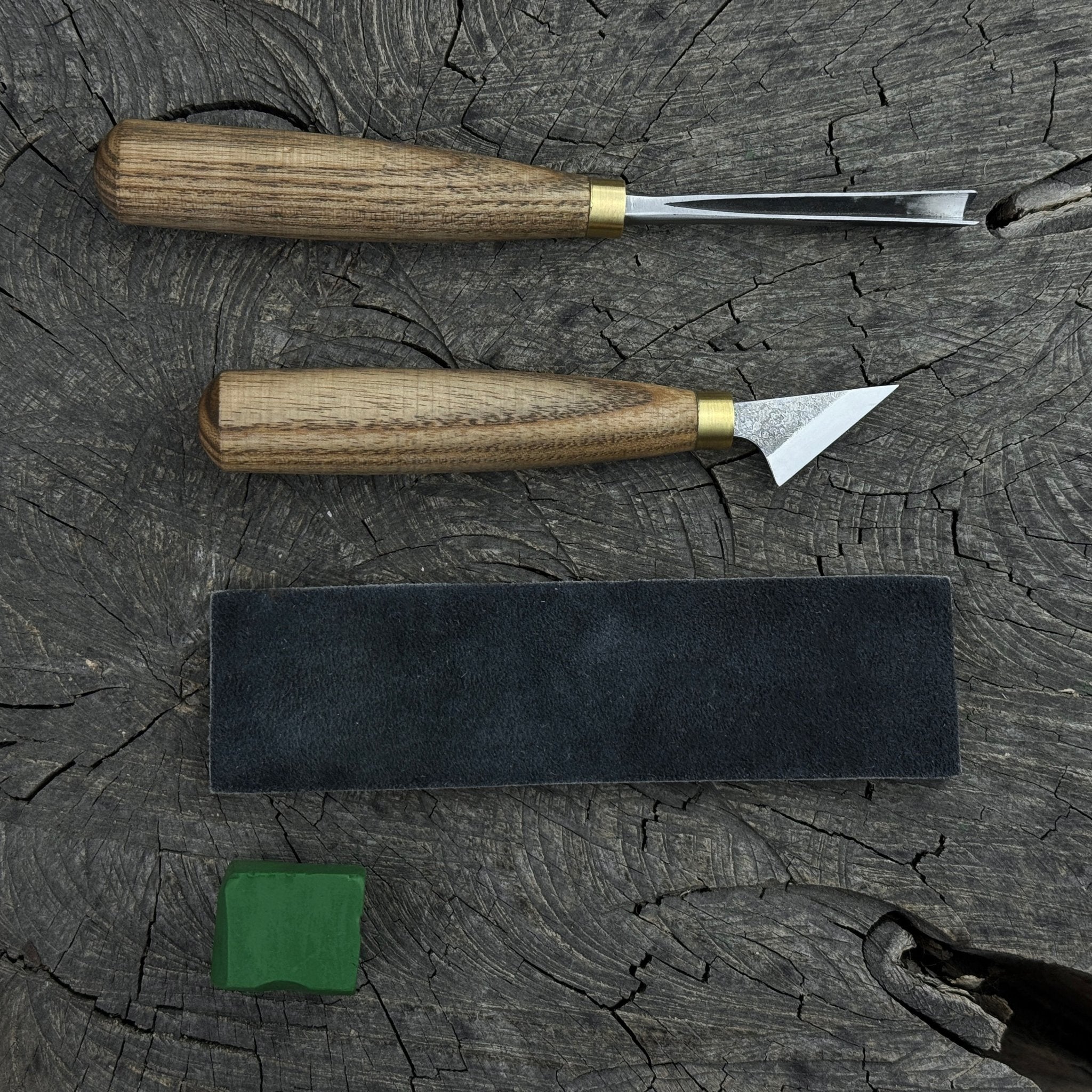 3-piece wood carving tool set with leather strop including chip carving knife and V-parting chisel