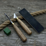 3-piece wood carving tool set with leather strop including chip carving knife and V-parting chisel