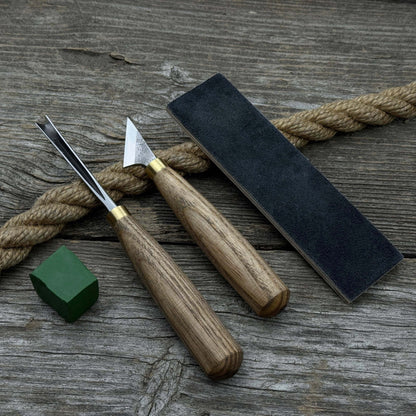 3-piece wood carving tool set with leather strop including chip carving knife and V-parting chisel