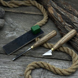 3-piece wood carving tool set with leather strop including chip carving knife and V-parting chisel