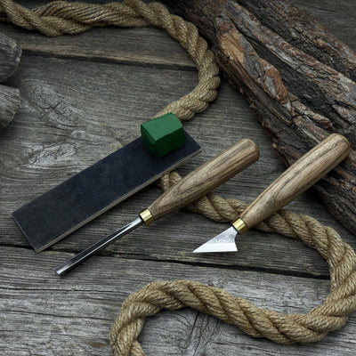3-piece wood carving tool set with leather strop including chip carving knife and V-parting chisel