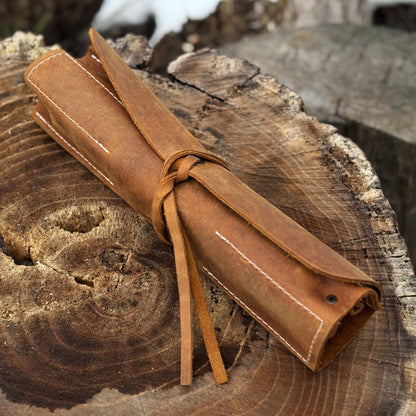 Handmade 3 Pocket Leather Tool Roll made from genuine Crazy Horse leather by Sharky Forged Steel Tools