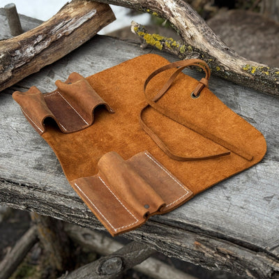 Handmade 3 Pocket Leather Tool Roll made from genuine Crazy Horse leather by Sharky Forged Steel Tools