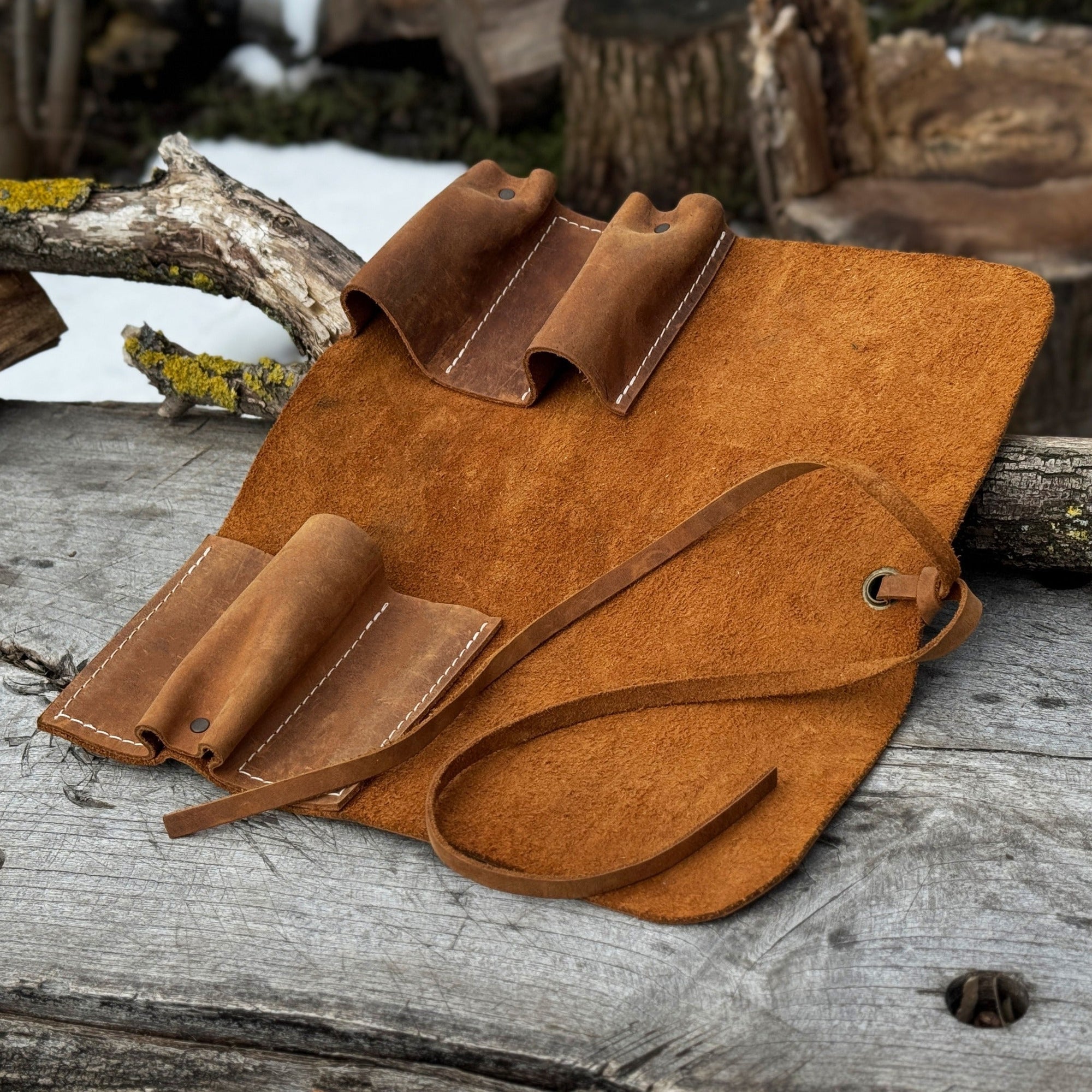 Handmade 3 Pocket Leather Tool Roll made from genuine Crazy Horse leather by Sharky Forged Steel Tools