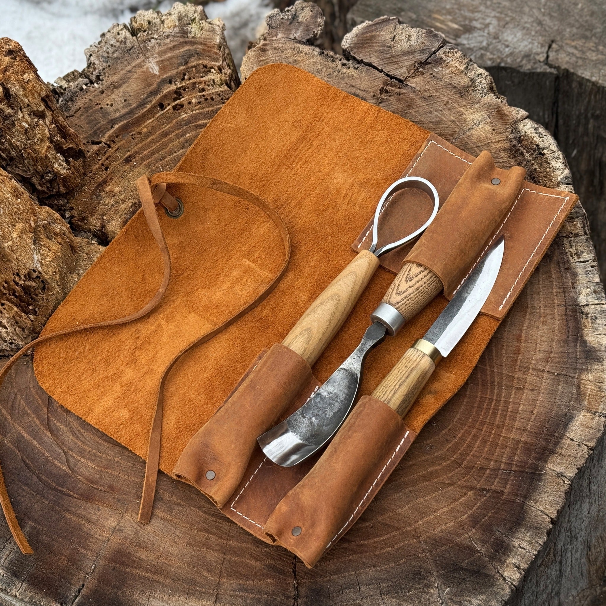 Handmade 3 Pocket Leather Tool Roll made from genuine Crazy Horse leather by Sharky Forged Steel Tools
