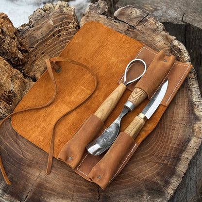 Handmade 3 Pocket Leather Tool Roll made from genuine Crazy Horse leather by Sharky Forged Steel Tools