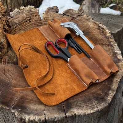 Handmade 3 Pocket Leather Tool Roll made from genuine Crazy Horse leather by Sharky Forged Steel Tools