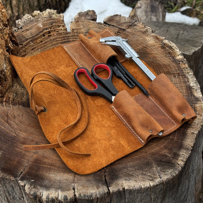 Handmade 3 Pocket Leather Tool Roll made from genuine Crazy Horse leather by Sharky Forged Steel Tools