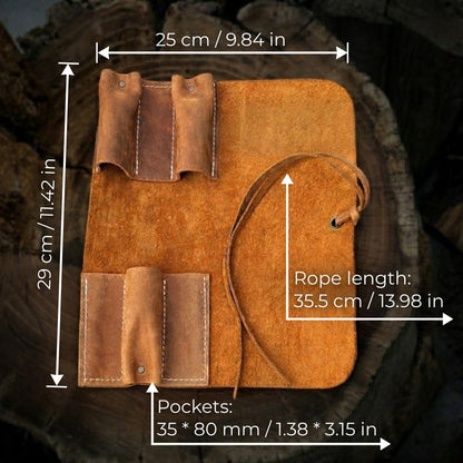 Handmade 3 Pocket Leather Tool Roll made from genuine Crazy Horse leather by Sharky Forged Steel Tools