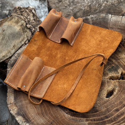 Handmade 3 Pocket Leather Tool Roll made from genuine Crazy Horse leather by Sharky Forged Steel Tools