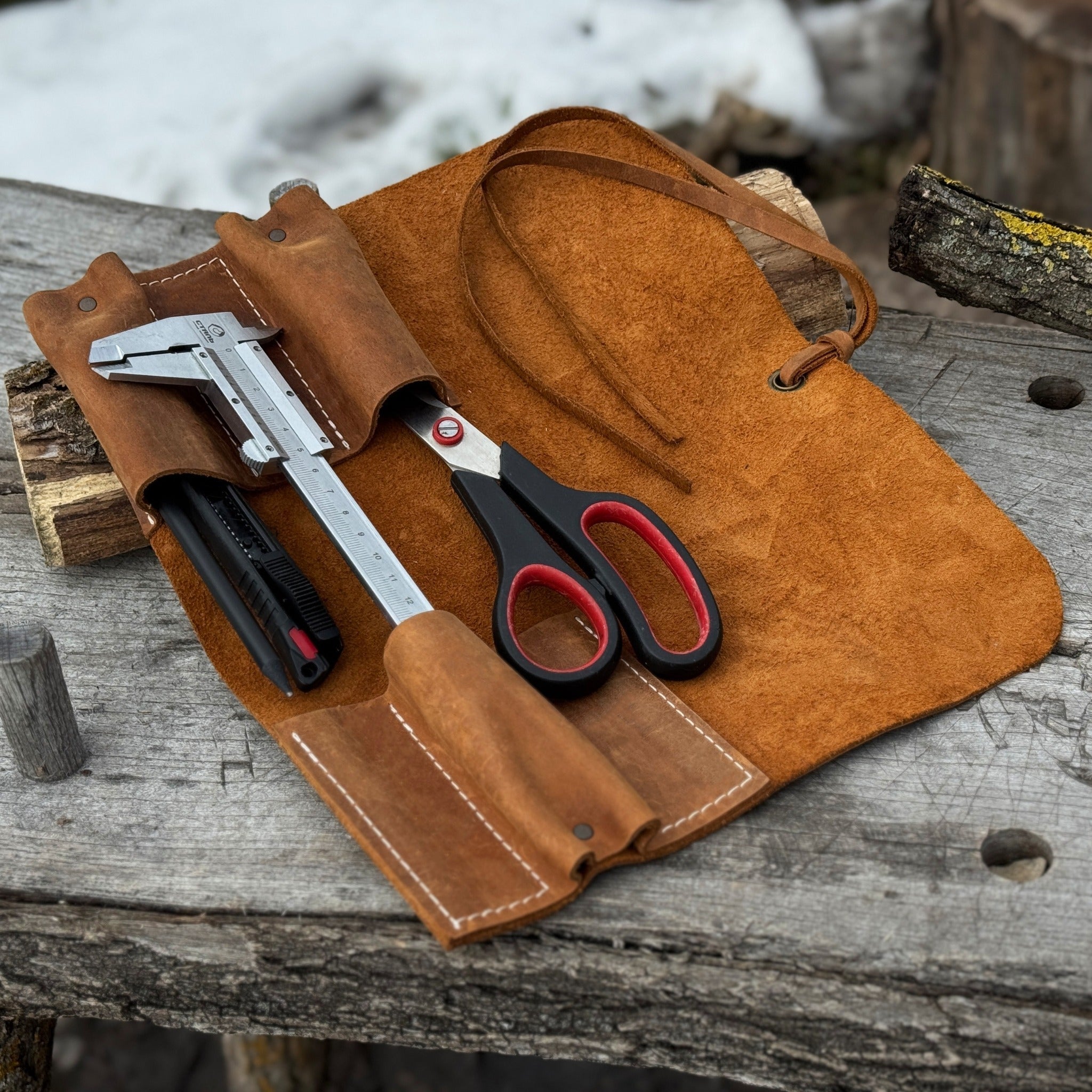 Handmade 3 Pocket Leather Tool Roll made from genuine Crazy Horse leather by Sharky Forged Steel Tools