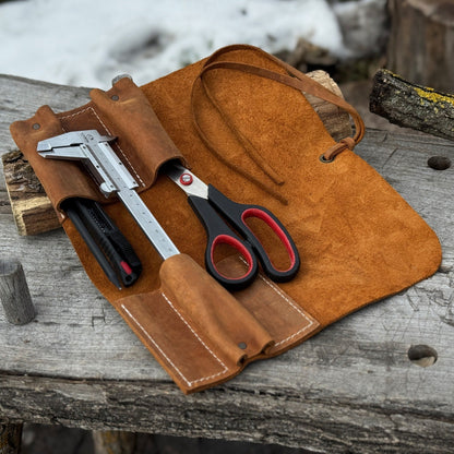 Handmade 3 Pocket Leather Tool Roll made from genuine Crazy Horse leather by Sharky Forged Steel Tools