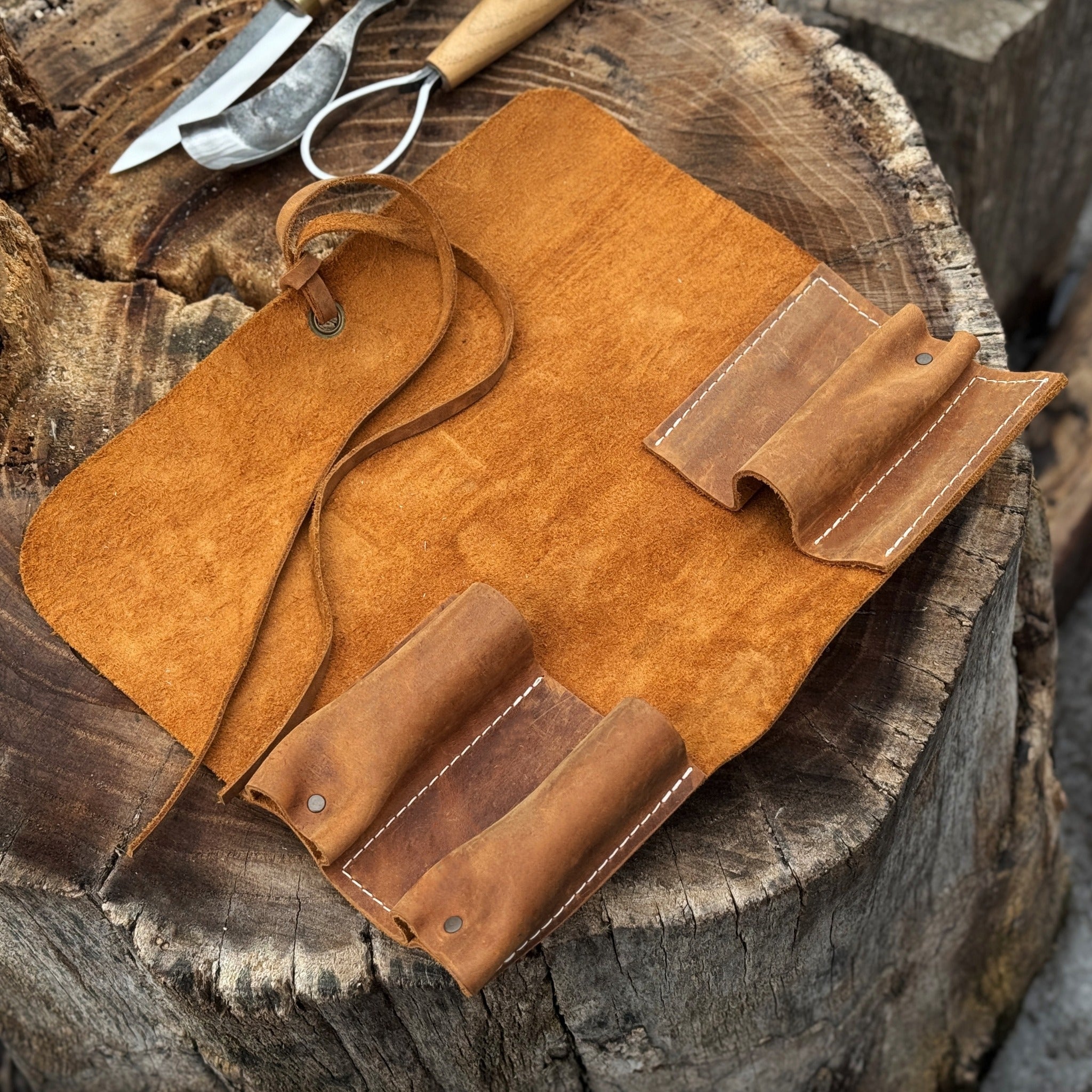 Handmade 3 Pocket Leather Tool Roll made from genuine Crazy Horse leather by Sharky Forged Steel Tools