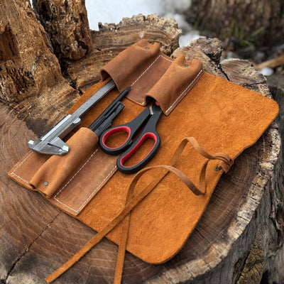 Handmade 3 Pocket Leather Tool Roll made from genuine Crazy Horse leather by Sharky Forged Steel Tools