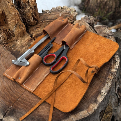 Handmade 3 Pocket Leather Tool Roll made from genuine Crazy Horse leather by Sharky Forged Steel Tools