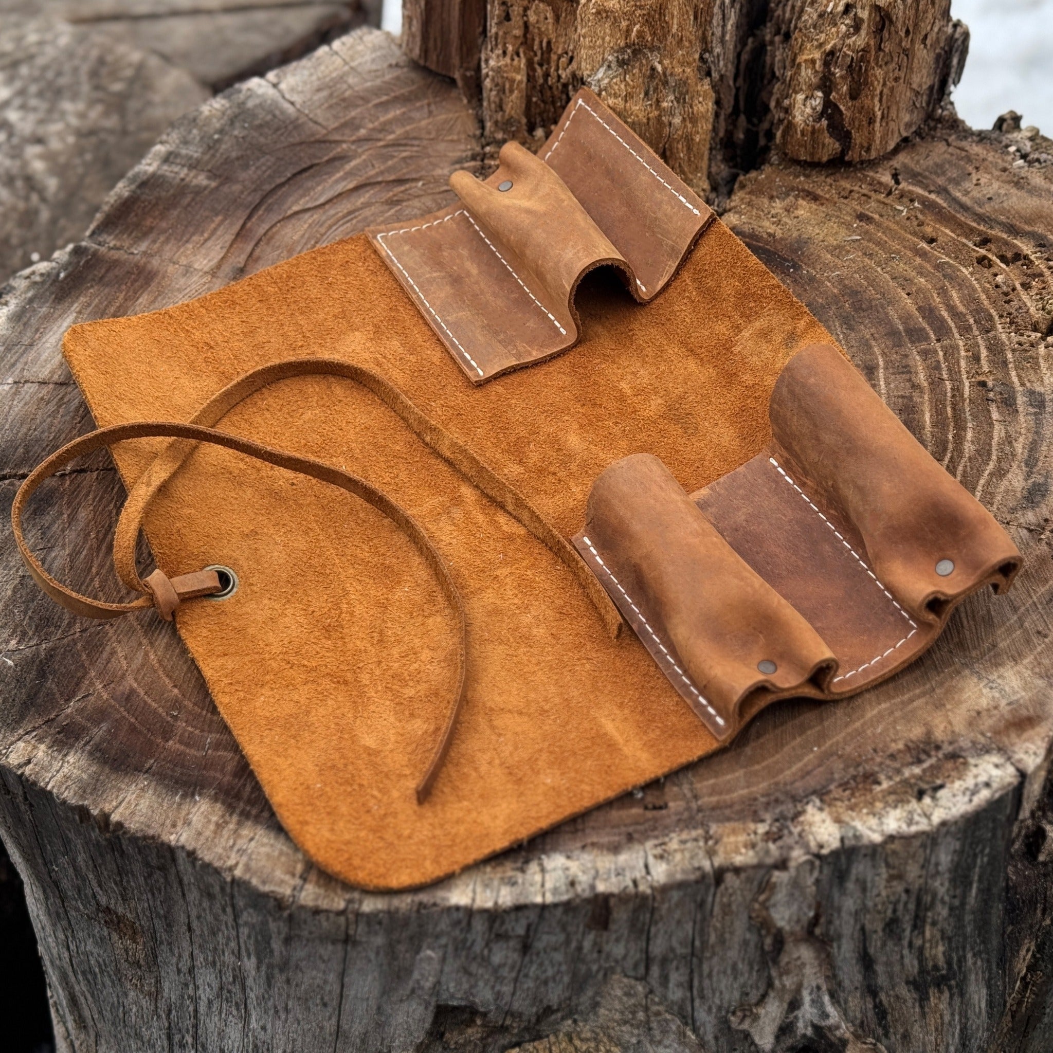 Handmade 3 Pocket Leather Tool Roll made from genuine Crazy Horse leather by Sharky Forged Steel Tools