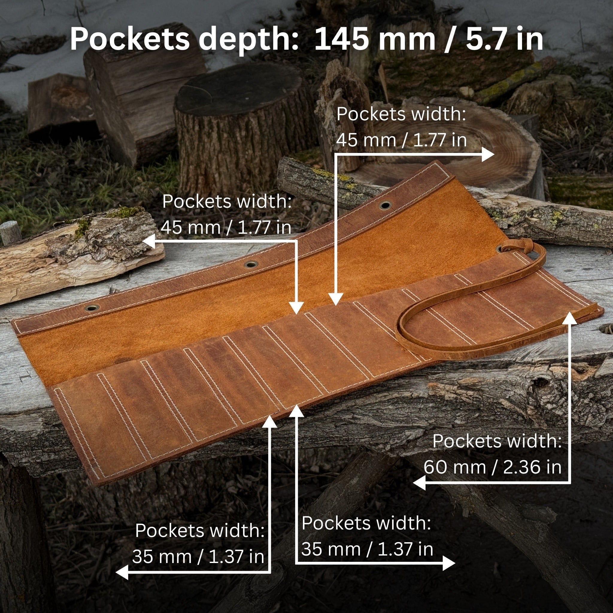 Handmade 10 Pocket Leather Chisel Roll by Sharky Forged Steel Tools showing rugged Crazy Horse leather with tools inside