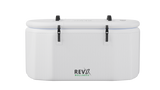 White rectangular inflatable tub with soft rounded edges and black buckle straps securing the closed lid, featuring the RevX Wellness logo on front center.