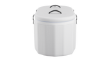 White inflatable tub with textured surface and black handles on top and sides against a black background.