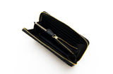 Black zipped long wallet with Seven Treasures pattern, open view showing leather interior and compartments
