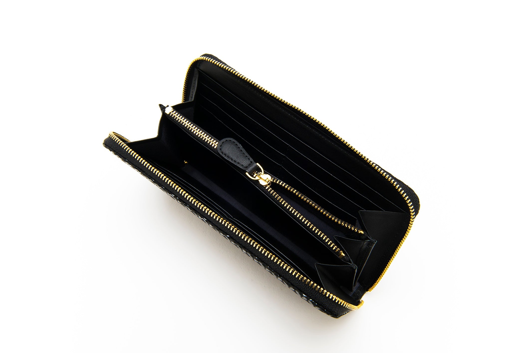 Black zipped long wallet with Seven Treasures pattern, open view showing leather interior and compartments