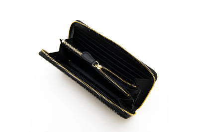Black zipped long wallet with Seven Treasures pattern, open view showing leather interior and compartments