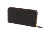 Dark brown zipped long wallet with a geometric circular pattern texture and a gold zipper, shown against a white background.