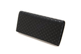 Inden Long Wallet Flower Lattice in black deer leather with snap closure, open showing organized interior card slots and zip pocket