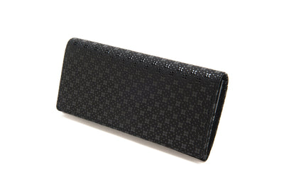 Inden Long Wallet Flower Lattice in black deer leather with snap closure, open showing organized interior card slots and zip pocket