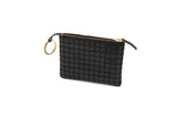 Small rectangular black leather key case with a zip closure and embossed square stud pattern, featuring a gold metal key ring attached.
