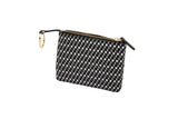Small rectangular black and white checkered key case with a gold zipper and key ring on a white background.