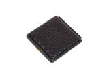 Square dark brown compact mirror with a repeating circular geometric pattern on the exterior surface and a gold-tone clasp on one side.