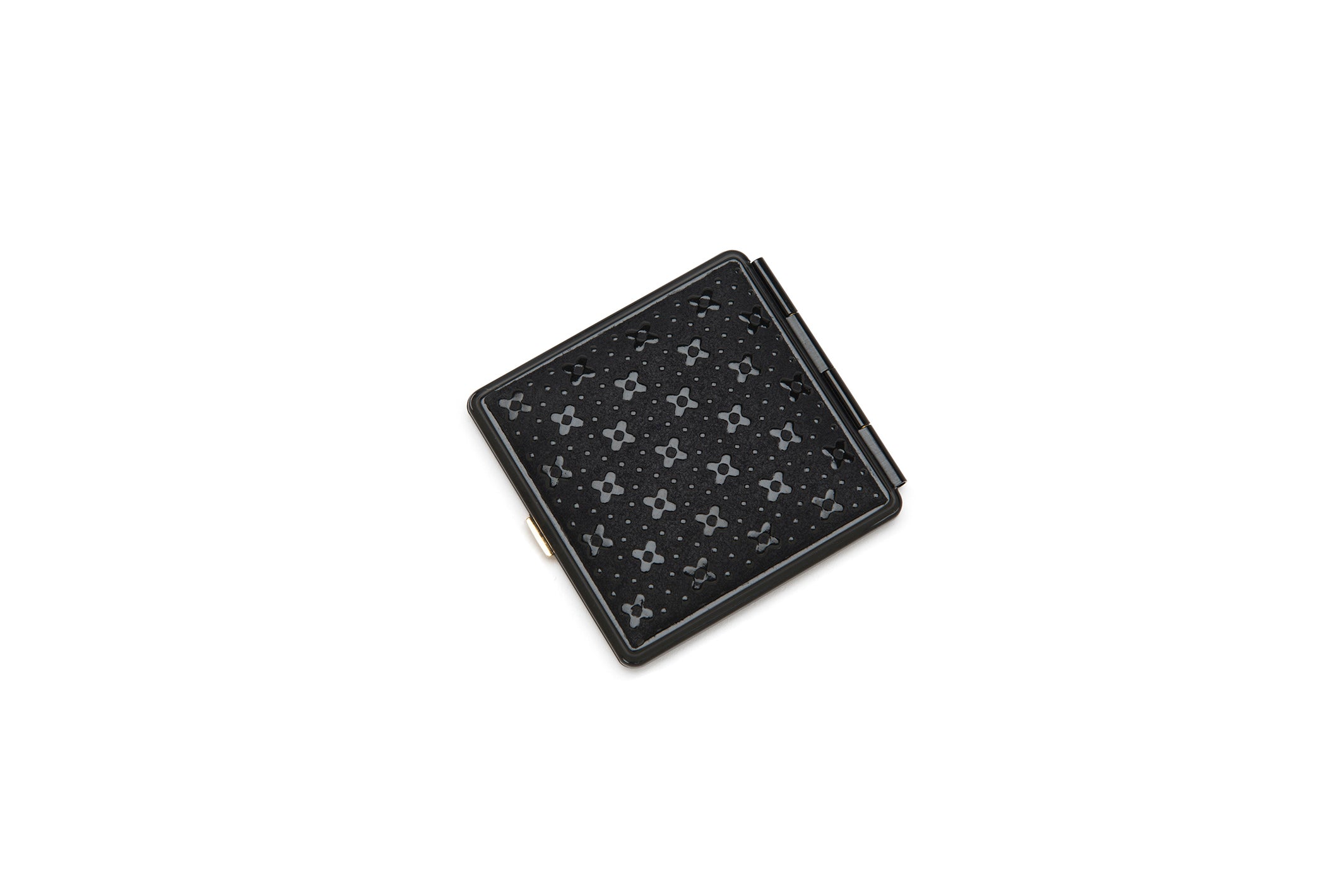 Compact double-faced Mirror - Flower Lattice with deer skin surface in black, showing standard and magnifying mirrors