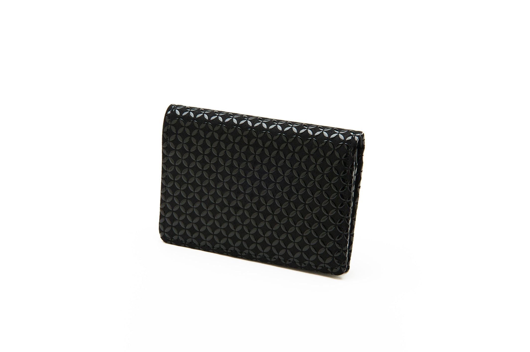 Business Card Case Seven Treasures in Black x Black showing sleek leather exterior and slim profile