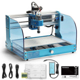 Blue desktop CNC router with transparent side panels, metal frame, spindle motor, and included accessories like cords, drill bits, manual, and power supply on white background.