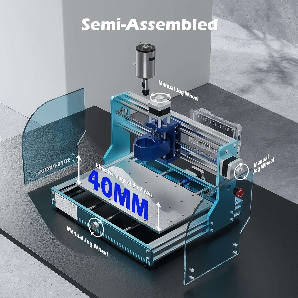 Compact blue desktop CNC router kit semi-assembled showing 40mm Z-axis travel, manual jog wheels at front and sides, and a central spindle motor above the work surface