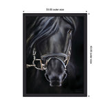 Close-up portrait of a black horse with flowing mane wearing a detailed leather bridle against a dark background in a framed wall art print.