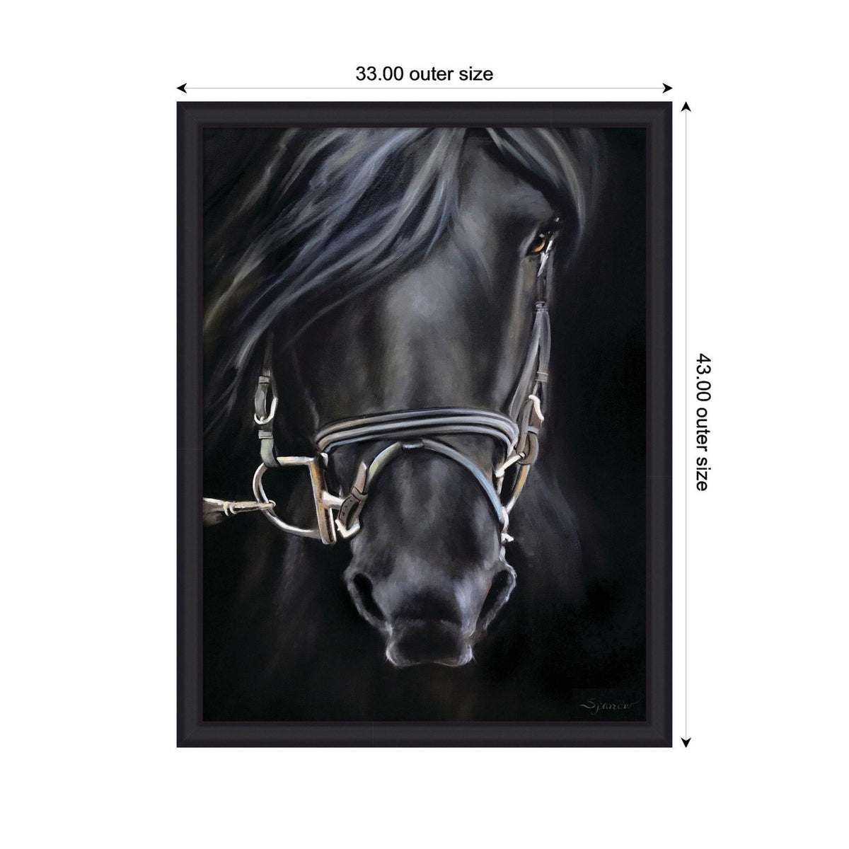 Close-up portrait of a black horse with flowing mane wearing a detailed leather bridle against a dark background in a framed wall art print.