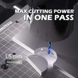 Close-up of a CNC router cutting a 1.5 mm thick aluminum piece on a black grid surface, highlighting precise cutting power in one pass.