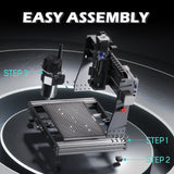 Partially assembled black and silver desktop CNC router with labeled assembly steps pointing to base, feet, and spindle motor sections on a dark gradient background.