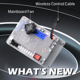 Transparent rectangular circuit board with a small black fan and a blue heat sink, connected to a black wireless control cable with multicolored wires, on a dark background with white concentric rings.