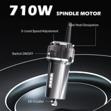 Silver cylindrical 710W spindle motor with black top, featuring 6-level speed adjustment dial, on/off switch, ER-11 collet, and heat dissipation fins, shown on dark circular background.