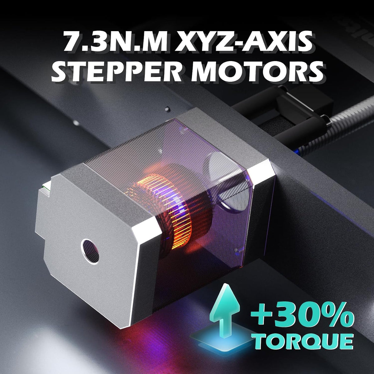Close-up of 7.3 N.M XYZ-axis stepper motor with visible copper winding inside a silver-gray casing on a dark metallic surface indicating increased torque performance.