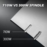 Close-up of a white board showing two grooves cut with 710W and 300W spindles, with the 710W cut visibly cleaner and less ragged than the 300W cut.