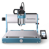 Compact desktop CNC router with silver and blue aluminum frame, black spindle motor labeled Genmitsu, and attached digital control panel with screen and dial.