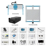 Diagram of Genmitsu 3030-PROVer CNC router components including XZ axis assembly, XY axis base, power supply, spindle motor, collet, clamps, tools, cables, and user manual