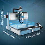 Compact desktop CNC router with blue metal frame and silver spindle, showing work area dimensions on a dark blue background with measurement labels in millimeters and inches