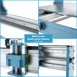 Collage showing close-ups of blue and silver metal components including ball screws and dual linear guides of a desktop CNC router's X, Y, Z axis mechanisms.